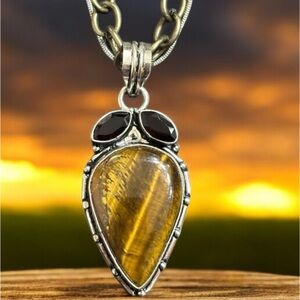 Elegant Silver and Gold 925Stamped Tiger’s Eye Pendant on a DoubleChain Necklace